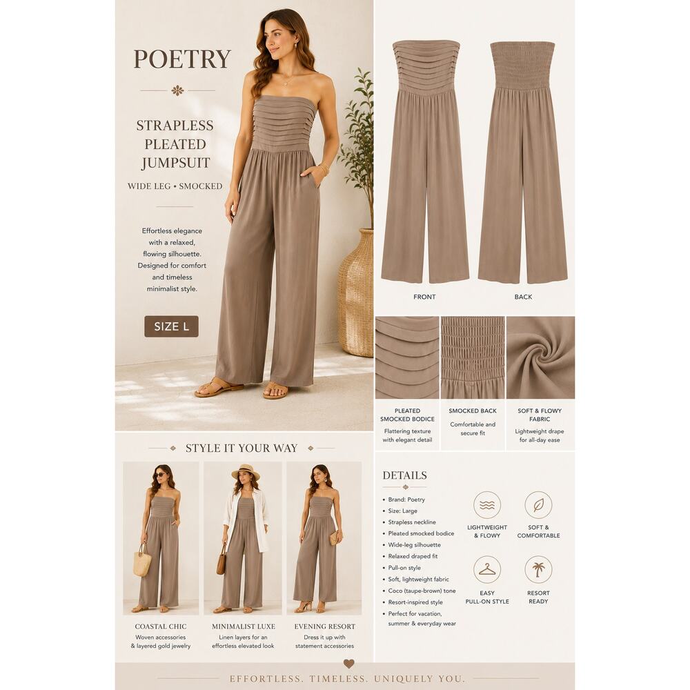Poetry Strapless Jumpsuit Wide Leg Pleated Smocked Brown SZL